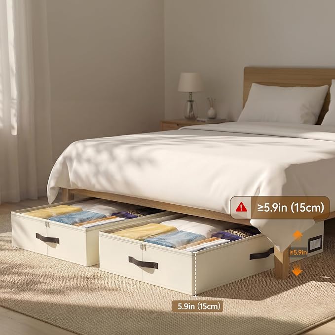OIAHOMY 2 Pack Under Bed Storage with Handles, Underbed Container for Bedroom & Closet, Fits Beds Higher than 6", Under the Bed Storage for Seasonal Clothes, Blankets & Shoes - Beige