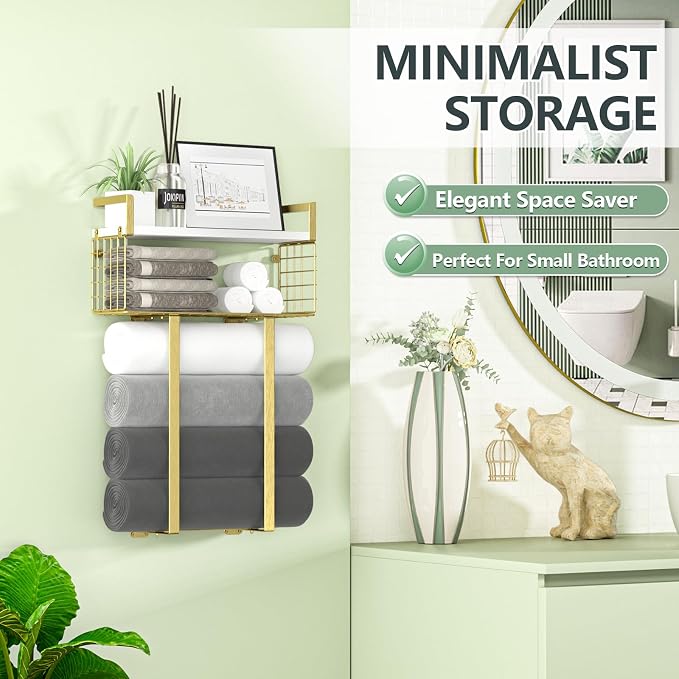 Towel Racks for Bathroom, Bathroom Shelf Over Toilet,Floating Shelves with Towel Rack Paper Holder Storage Basket,Floating Shelves for Wall Decor,Gold