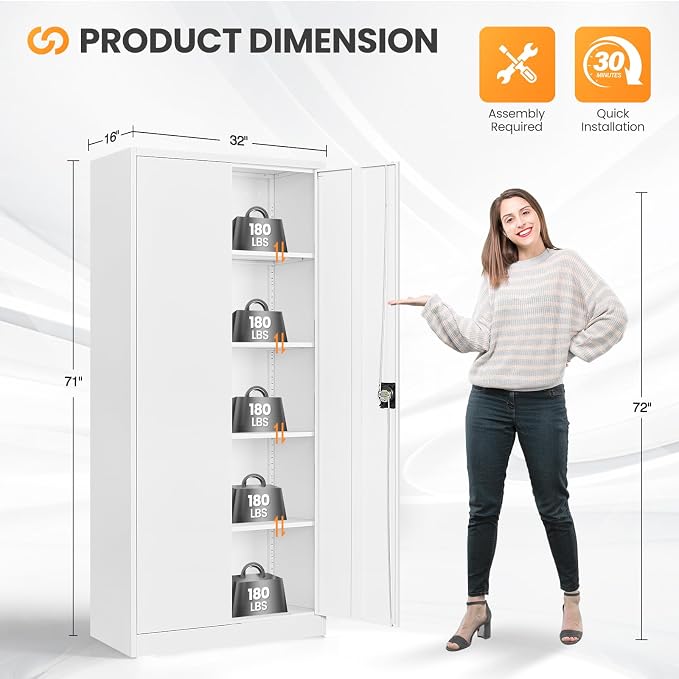 Metal Garage Storage Cabinets with Lock, 71" Tall Tool Cabinet with 2 Door and 4 Adjustable Shelves, Locking Garage Cabinets and Lockable Steel Locker for Home Office Warehouse - (White-71”H)