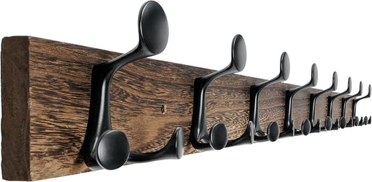 WEBI Coat Rack Wall Mount,43" Solid Wood Coat Hooks Wall Mounted Coat Hanger,16" Hole to Hole,Heavy Duty Hook Rack Rail,8 Triple Hooks for Hanging Coats,Jacket,Clothes,Hat,Backpack,Weathered Brown