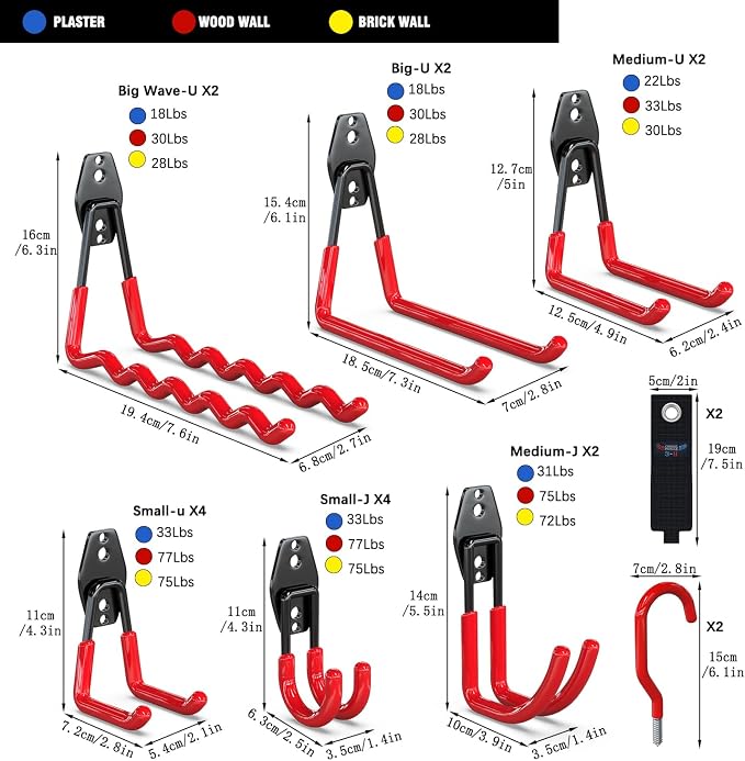 3-H Heavy Duty Garage Wall Hooks 20 Pack, Anti-Slip PVC Coating Wall Mount Garage Storage Utility Hooks, Heavy Load Organizer for Ladders, Yard Tools, Shovel, Weed Eater, Hoses & Bulk Items,Red | Multi-Purpose Garage Hooks to Organize Garden Lawn Tools...