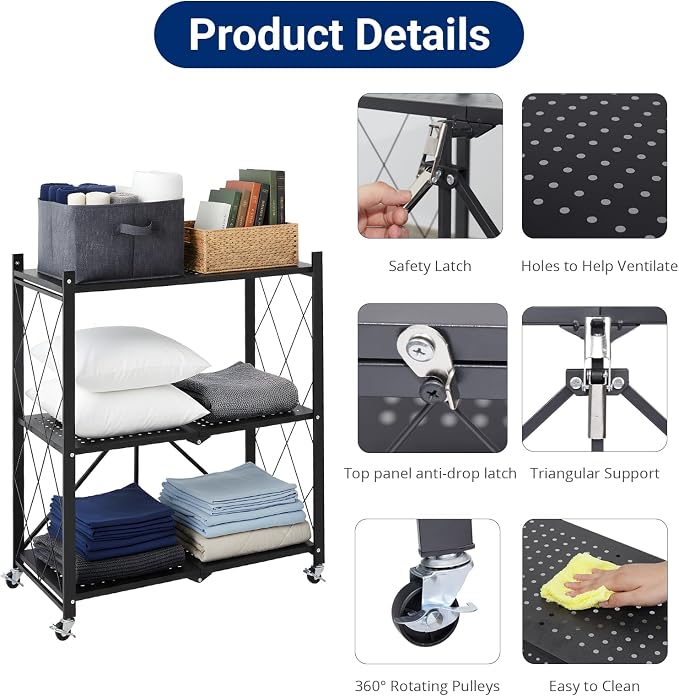 3 Tier Foldable Storage Shelves with Wheels, Metal Collapsible Organization Storage Rack, No Assembly Folding Bookshelf, Rolling Storage Rack for Kitchen, Bedroom, Pantry, Garage, Display, Black