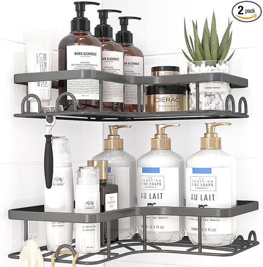 Sakugi Corner Shower Caddy - 2 Pack, Adhesive Shower Organizers, Rustproof Stainless Steel Shower Shelves with 8 Hooks, No Drilling Bathroom Organizers and Storage Racks, Space-Saving, Grey, Medium