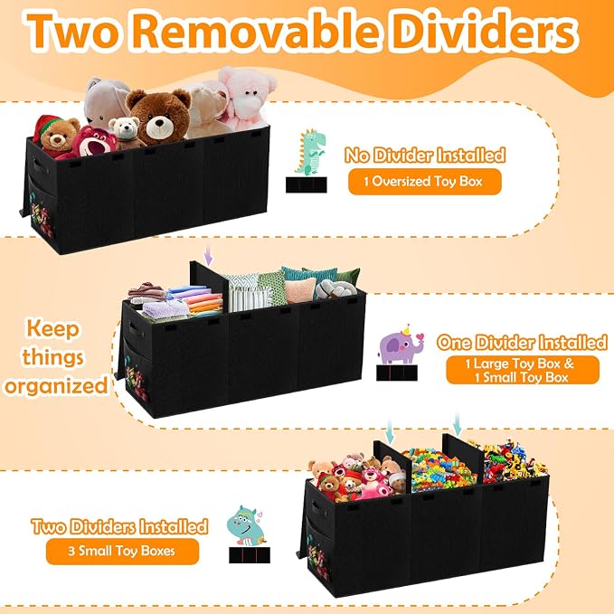 Large Toy Storage Box with Lid, Dividers, Collapsible Kids Toy Chest, Black | Toy Box for Boys, Girls, Nursery, Bedroom, Living Room, Playroom, 40X14X16 inches