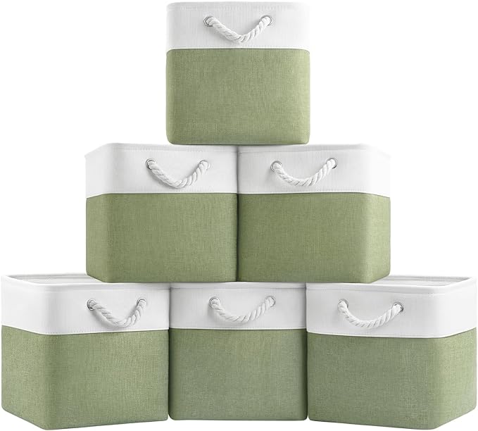 Patvingot 11-Inch Fabric Cube Storage Bins with Handles,6 Pack,Foldable | For cube shelves and closets,keeps grouped for everyday access,reinforced opening and fold-flat storage,white and green