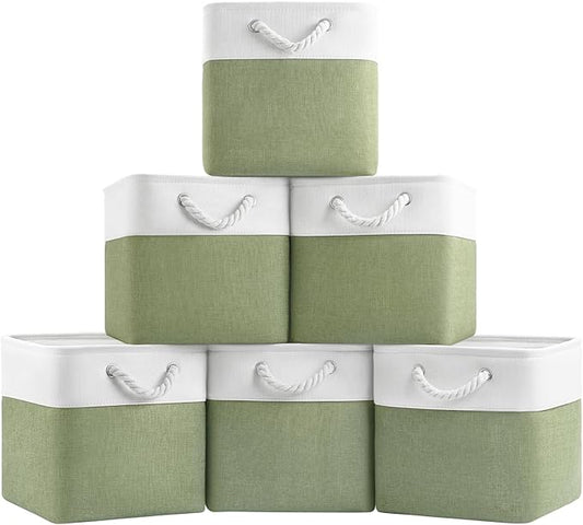 Patvingot 11-Inch Fabric Cube Storage Bins with Handles,6 Pack,Foldable | For cube shelves and closets,keeps grouped for everyday access,reinforced opening and fold-flat storage,white and green