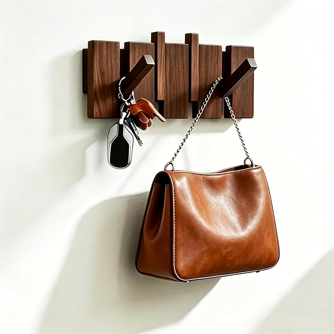 QUELLANCE Wooden Coat Hooks Wall Mounted, Coat Rack Hanger Wall Mount with 4 Hooks, Heavy Duty Coat Hooks for Hanging Coats/Keys/Hats/Robe&Towels/Plants/Bags, Home Decor Gift, Walnut