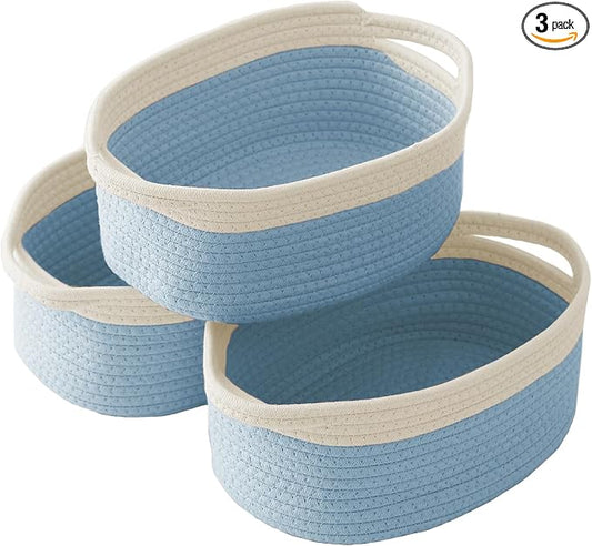 JMvicyroam Small Woven Basket, Empty Gift Basket, White&Blue/3 Pack | Small Gift Basket, Cotton Rope, 12 x 8 x 65 in, Handles, Includes Ribbon and Bag, Birthday Gift Basket
