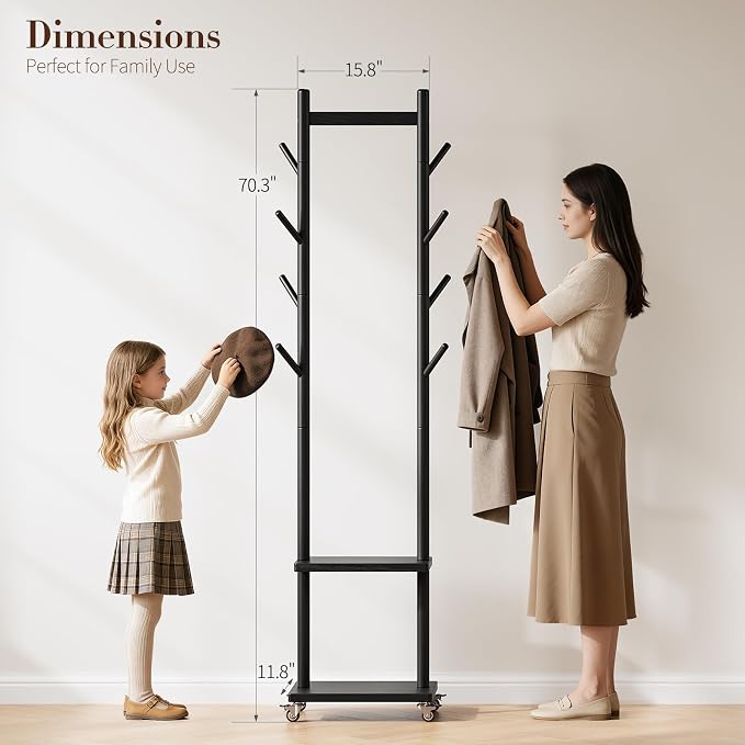 Yoobure Solid Wood Coat Rack Freestanding - Rolling Clothes Rack with 8 Hooks & Shelves, Small Clothing Rack with Wheels, Heavy Duty Clothing Racks for Hanging Clothes, Portable Hall Tree for Entryway