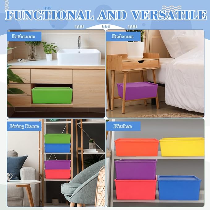 6 Pcs Large Plastic Storage Bins with Lids 14.4 x 10.4 x 5.1 Inch Stackable Storage Containers Decorative Cubby Organizer for Clothes Shelves Garage Closet Office (Colorful)