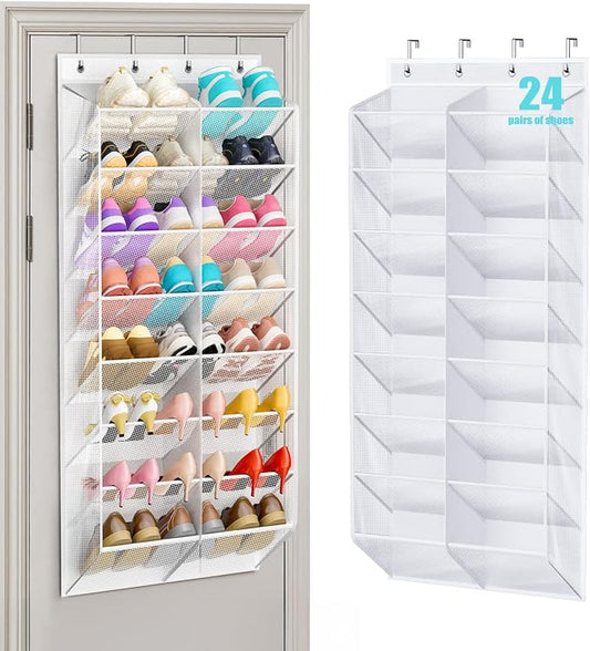 MISSLO 24 Pairs Over the Door Shoe Organizer Breathable Mesh Hanging Shoe Rack for Closet Storage with Wide Deep Pockets 8 Tier Shoes Holder Fit All the Family's Sneakers, Boots, Heels (White, 57.5")