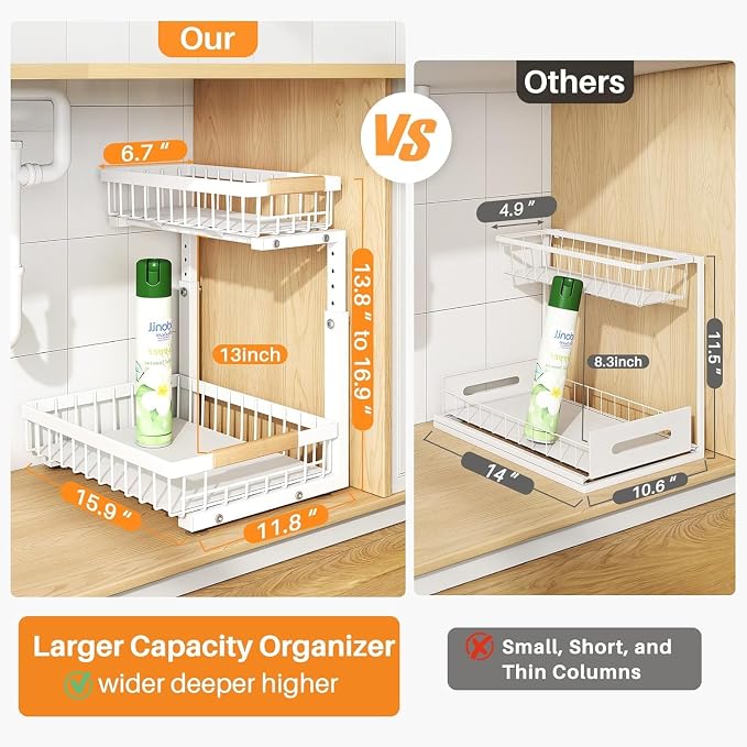 PXRACK Under Sink Organizer, Adjustable Height, 2 Tier Pull Out Under Cabinet Organizer, Slide Out Thickened Metal Under Sink Storage for Kitchen Bathroom Laundry Pantry Cabinet, White, Large-1-Pack