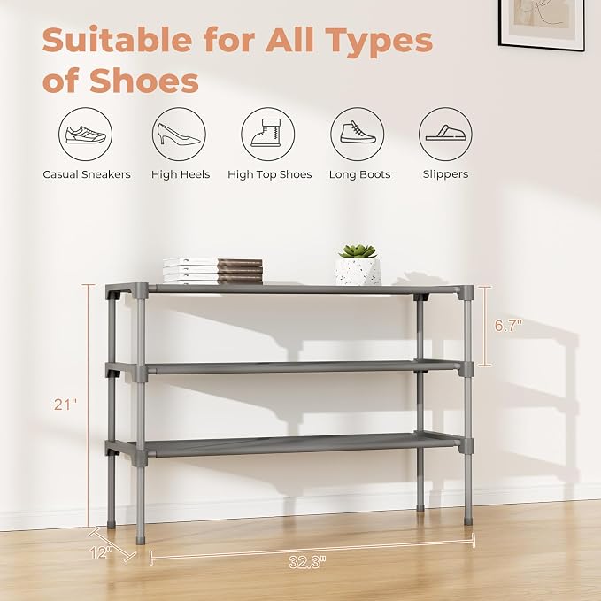 34" Widening Design Shoe Rack for Closet 16 Pairs Small Spaces Non-Woven 3 Tier Shoe Organizer Stackable Metal Shoe Shelf for Entryway, Bedroom Grey