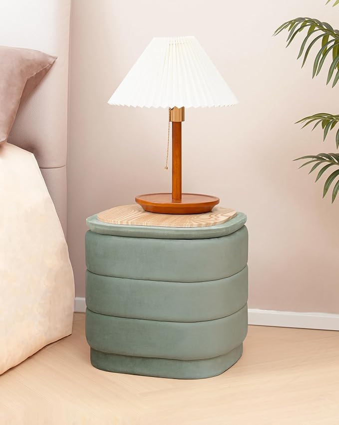 B FSOBEIIALEO Velvet Storage Ottoman with Tray, Square Folding Ottoman with Storage Coffee Table Foot Rest for Dorm Room, Living Room Sage, 15"x15"x15"