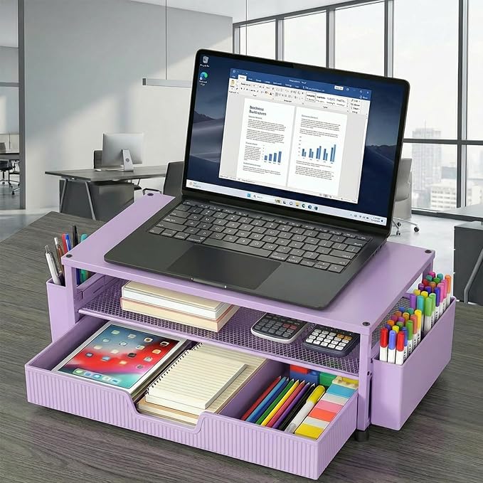 ECOLOVI Desk Organizer and Accessories, 2-Tier Computer Monitor Stand Rise with Storage Drawer & 2 Pen Holders, Laptop & Printer Stand for Desktop, Workspace Organizers for Office Supplies (Purple)