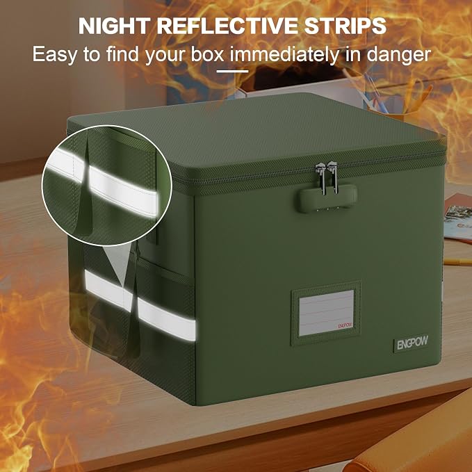 ENGPOW 5200°F File Box Fireproof Document Box with Lock,Heat Insulated Collapsible File Storage Organizer Box with Handle,Portable Home Office File Cabinet for Hanging Letter/Legal Size Folder, Green