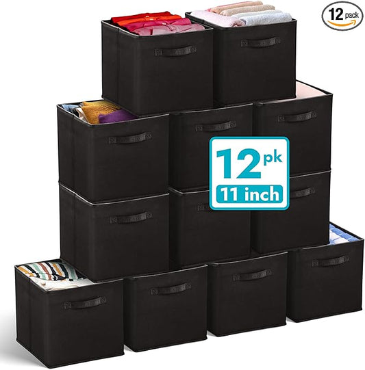 Reli. 11 Inch Cube Storage Bins (12 Pack) | Cube Organizer Bins | 11x11 Fabric Storage Boxes | Collapsible, Foldable Fabric Cubby Box (Square) | Bedroom, Office, Home Organization