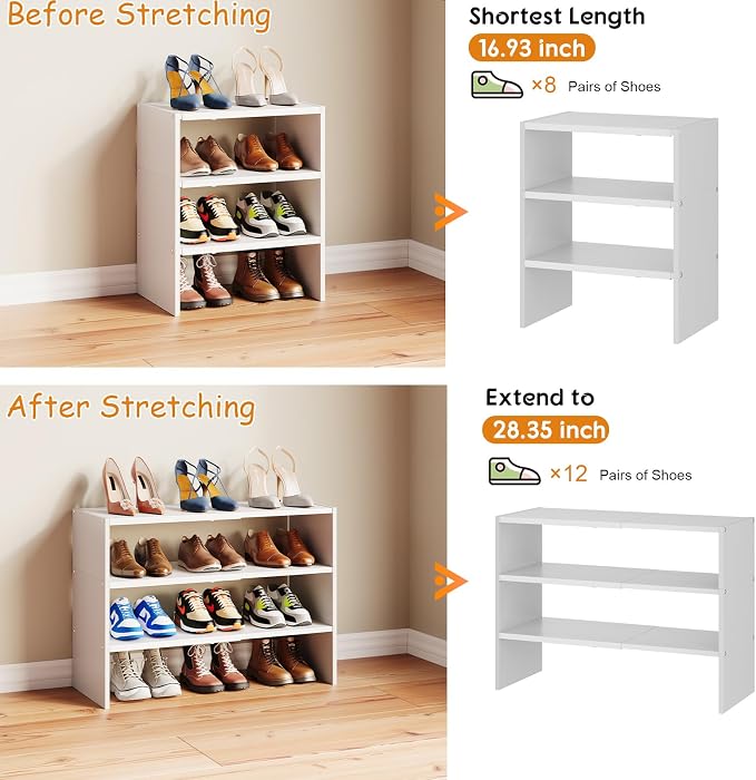 3-Tier Expandable White Shoe Rack Organizer for Closet, Stackable Shoe Racks Storage Shelf, Small Metal Wood Combination Shoe Shelves for Closets,Entryway,Front Door, Narrow Space,Hallway,8-16 Pairs