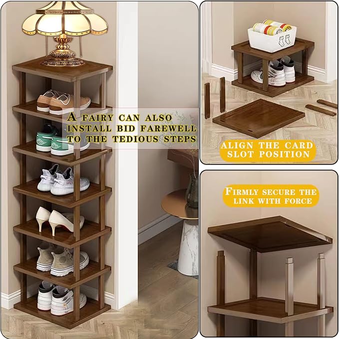 AFOORD Vertical Shoe Rack-Tall Narrow Shoe Rack Organizer for Small Spaces,12Tier Bamboo Shoen Shelf for Entryway,Closet,Corner,Doorway,Skinny Shoe Shelf Space Saving Shoe storage,Free Stackable DIY