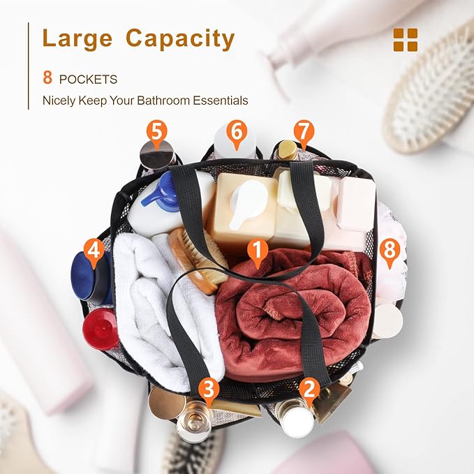 Mesh Shower Caddy Portable - 8 Pockets, S-Hook, Shower Bag for Dorm Camping | 2-Handle, Quick-Dry, Hanging Toiletry Organizer, College Dorm Room Essentials for Girls, Gym, Travel & Bathroom, Leopard