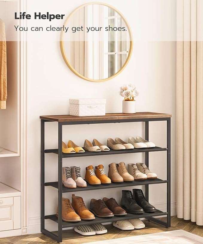 HOOBRO Shoe Rack, 4 Tier Shoe Storage Organizer with 3 Oxford Fabric Shelves and Top Panel, Holds 12-16 Pairs of Shoes for Entryway and Closet, Industrial, Rustic Brown BF47XJ01G1