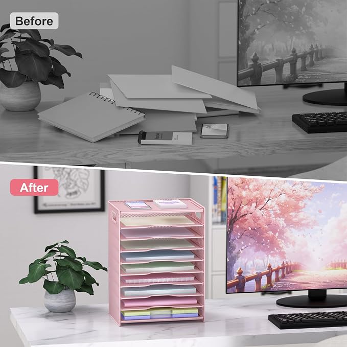 OUTWOLF 10 Tier Paper Organizer - Letter Tray Mesh Desk File Organizer with Handles for Office School Desktop, Pink