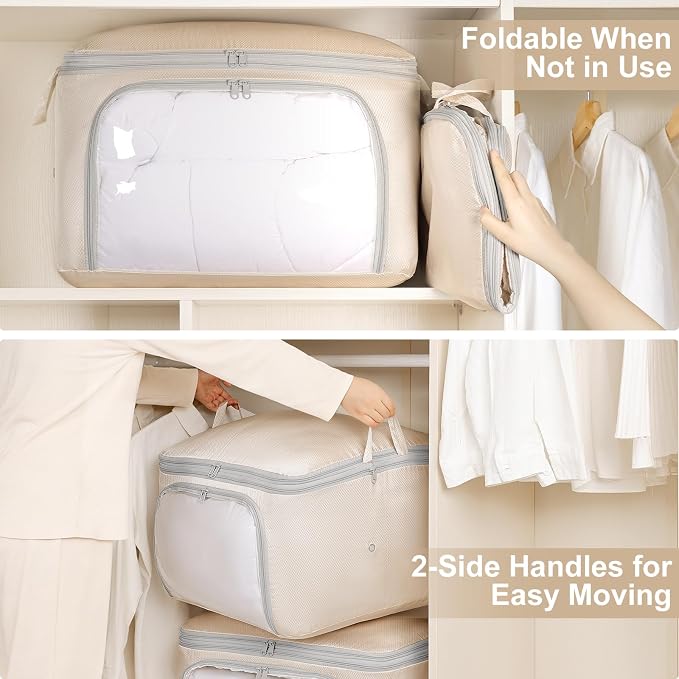 Comforter Storage Bag - Large Capacity Blanket Storage Bags Front-opening Ultra Space Saving Self Compression Organizer, Washable Compression Bags for Storage Comforter Blanket, 1 Pack, Beige