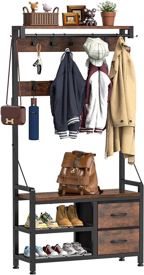 Hall Tree with Bench and Shoe Storage, 31.5” Coat Rack Freestanding | Rustic Brown, 5 in 1 Intelligent Design, 17 Hooks, 2 Drawers, Handy Clothes Rail