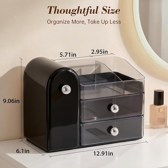 Delamu Makeup Organizer for Vanity with Closed Brush Holder, Large Bathroom Counter Organizer with Drawers, Skincare Organizers for Countertop, Storage Perfume Cosmetic Lipstick Beauty (Black)