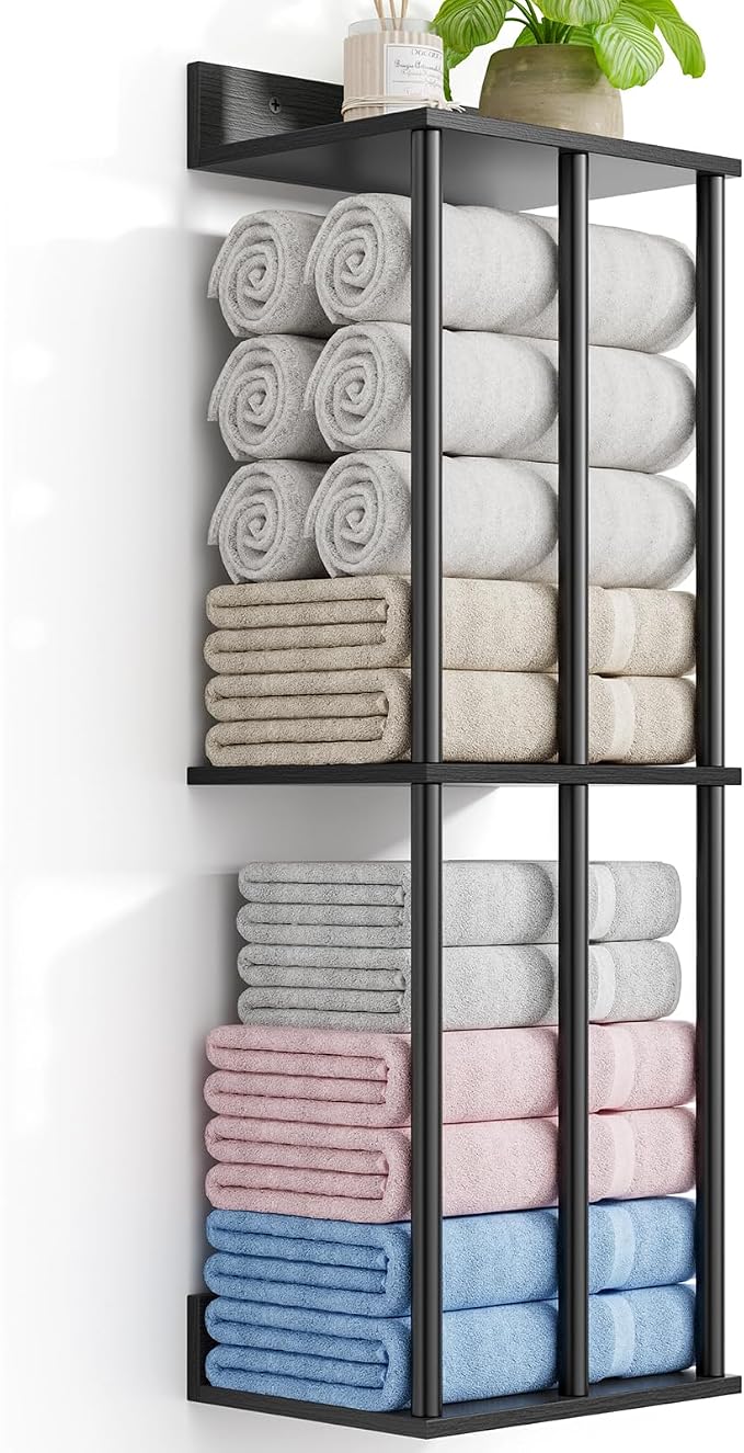 Towel Racks for Bathroom Wall Mounted with Wooden Storage Shelf | Updated 3 Bar Metal Towel Holder for Rolled Towels, Sturdy and Large Capacity, Towel Storage Organizer
