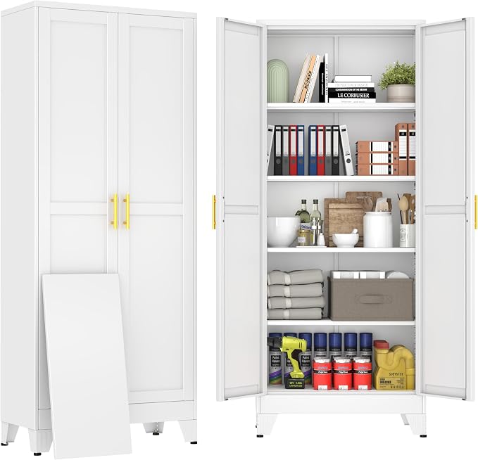 71" White Metal Storage Cabinet with 2 Doors and 4 Adjustable Shelves,Steel Garage Tool Cabinet, File Cabinet,Kitchen Pantry Cabinet for Home,Office,Garage,School,Warehouse