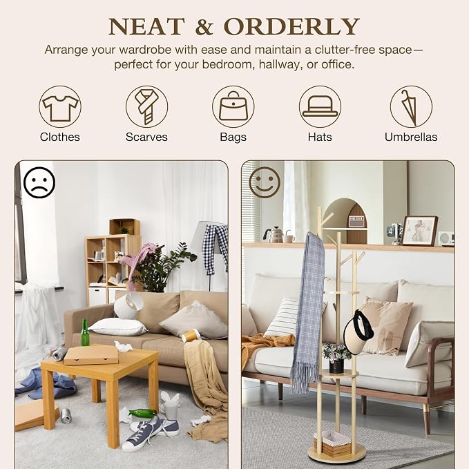 Wood Coat Rack Freestanding Rotary Coat tree with 3 Shelves and 9 Hooks | Heavy Duty Coat Rack Coat Hanger Stand for Entryway, Bedroom, Living Room – Holds Jackets, Coats, Hats, Bags (Natural)