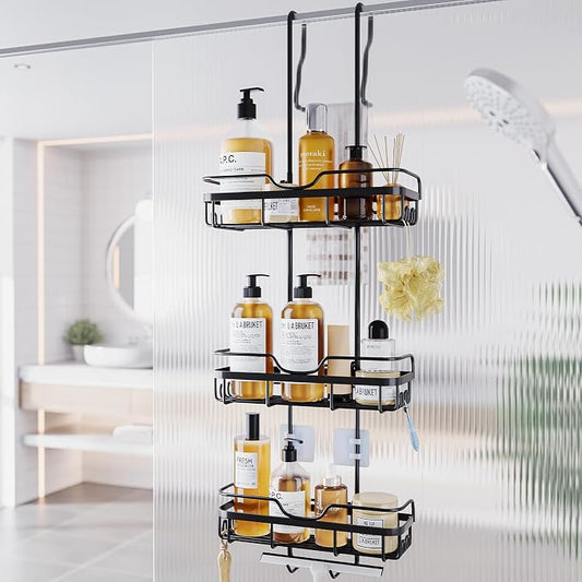 Skyapex Shower Caddy Over the Door Organizer: Bath Rack Hanging Over Glass with Hooks - Storage Shelf Inside Bathroom for Shampoo - Matte Black