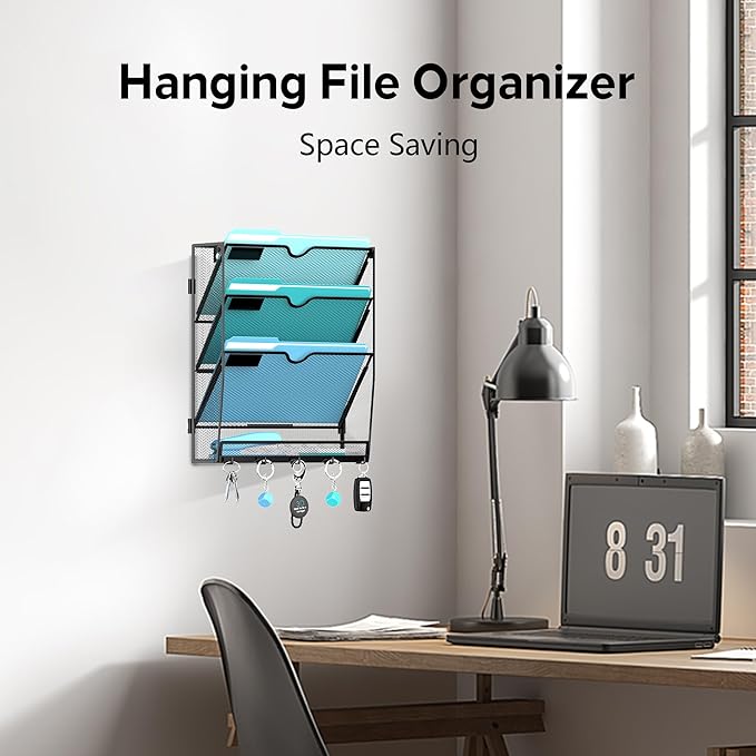 2 Pack 4 Tier Wall File Organizer - Hanging File Organizer with 5 Hooks, Mail Holder Wall Mounted for Papers, Folders, Magazines, Bills, Office&School Organization, Black