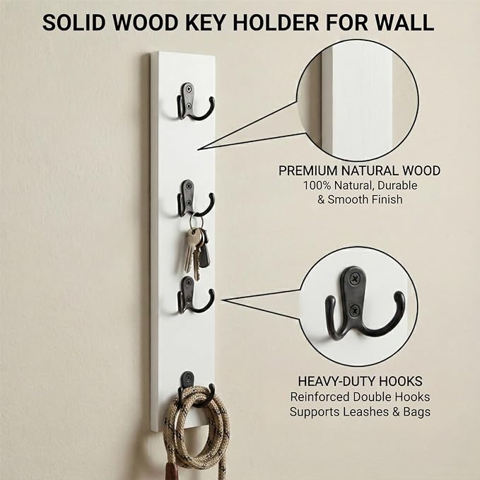 Vertical Key Holder for Wall & Dog Leash Holder – Solid Wood Wall Mount Key Rack with 8 Hooks – Small Space Saving Entryway Organizer for Keys, Lanyards, Masks (Adhesive or Screws) (White)