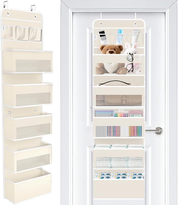 Over The Door Organizer Storage Large Capacity Hanging Bedroom Storage | 6 Shelves, Detachable, 40 LB Capacity, Mesh Design, Clear Window, Sturdy, Storage Organizer for Nursery, Pantry & Closet