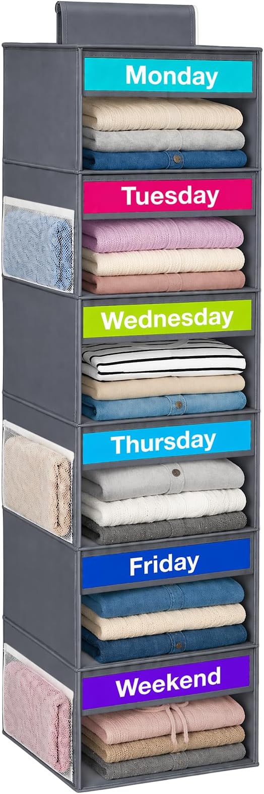 Weekly Clothes Organizer for Closet, 6-Shelf Hanging Closet Organizer with 6 Side Pockets(Grey)