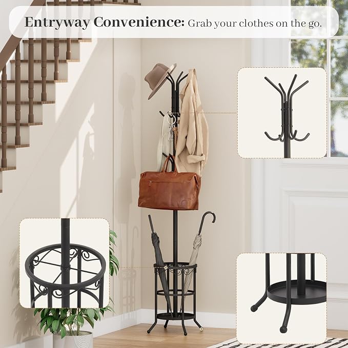 Coat Rack Freestanding with Umbrella Holder – Metal Hanger Stand, Hall Tree with 12 Hooks, Entryway Organizer for Hats, Bags, and Clothes (Black)