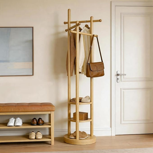 Coat Rack Freestanding, Solid Wood Coat Tree with 6 Hooks and 3 Storage Shelves for Bedroom, Entryway Living Room, Office, Corner Hanger Stand for Purse, Bag, Jacket, Hat