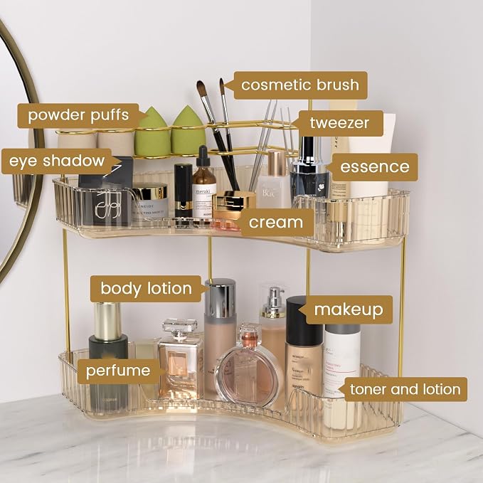 Makeup Organizer 2-Tier Bathroom Counter Organizer with Makeup Brush Holder | Corner Bathroom Organizer Countertop, Acrylic Counter Storage for Bathroom Dresser, Skincare Perfume Organizer-Amber Gold