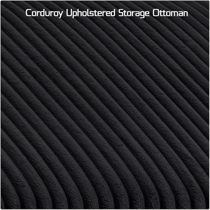 55" Corduroy Storage Ottoman Bench, Queen Bed, Black | End of Bed, Bedroom/Entryway/Closet, Window Seat, Lift-Top Storage, Tufted Button, Solid Wood Legs, for Queen & King
