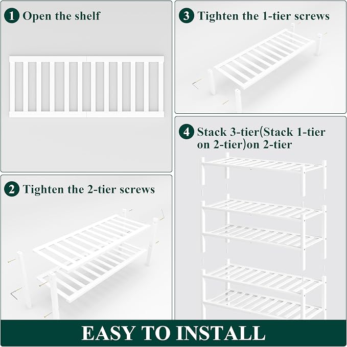 Smiry Bamboo Shoe Rack, 12 Vertical Slats, 5 Tier - 26.8" Wide, White | Stackable Free Standing Wooden Shoe Organizer, Wood Shoe Storage Shelf for Closet, Entryway