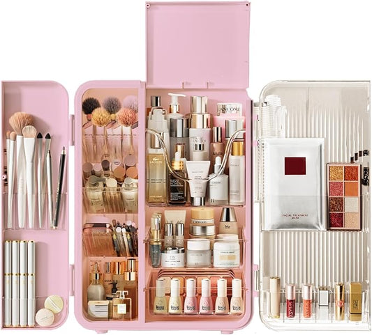 Makeup Organizer for Vanity, Large Capacity Skincare Organizers and Storage with Drawers, Dustproof Cosmetic Display Case for Bathroom Countertop, Trendy Teen Girl Gifts, Pink