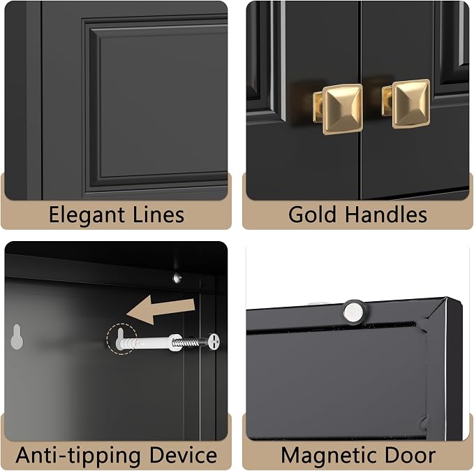 32" Wall Storage Cabinet with 2 Doors & Gold Handle | Black Metal, Hanging Design, for Bathroom, Kitchen, Rust-Resistant, Anti-Tip, Easy Assembly, Hardware Included