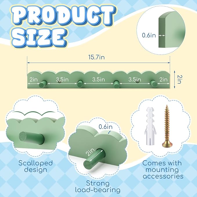 Leinuosen 2 Pack Scalloped Coat Rack Wall Mount Cute Nursery Wall Hook 16 Inch 8 Hooks Wooden Backpack Hanger for Toddler Kids Clothes Hat Towel Keys Bathroom Classroom Playroom Nursery Decor