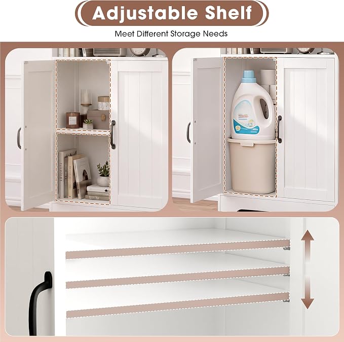 GRUSIGN 43.3" H Bathroom Storage Cabinet with Doors, Freestanding Small Bathroom Cabinet Organizer, Farmhouse Cupboard, Adjustable Shelves, for Laundry Room, Kitchen, Living Room, White