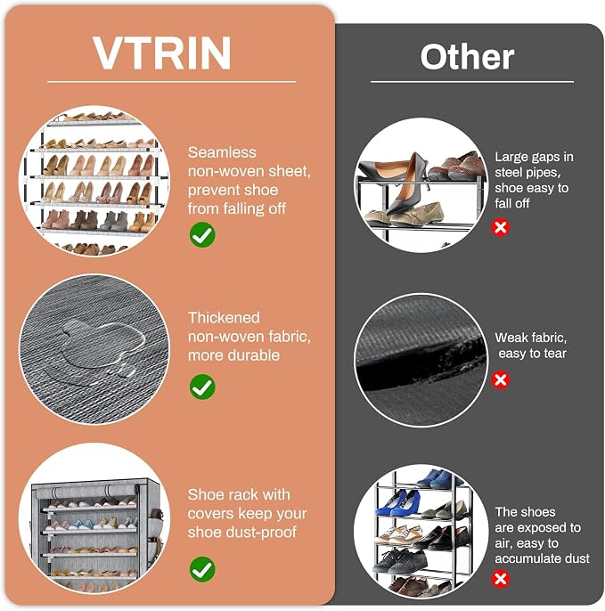 VTRIN Tall Shoe Rack with Cover, 10 Tier Shoe Organizer Storage for 50-55 Pairs Shoes and Boots Large Capacity Shoe Shelf with 8 Pockets Free Standing Shoe Rack for Closet, Entryway, Garage, Printing