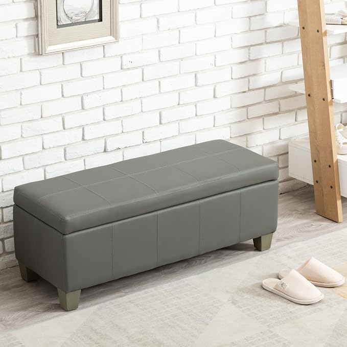 41" Storage Ottoman, Storage Bench with Safety Hinge, Upholstered Synthetic Leather Ottoman Bench for Bedroom, Living Room, Entryway, Hallway, Foot Rest, Support 500lbs, Grey