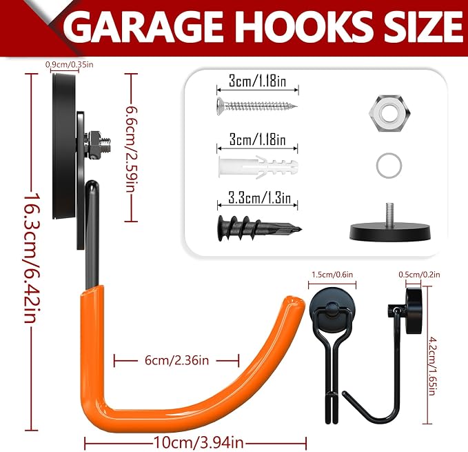 3-H Heavy Duty Magnetic Hooks, Large Magnet Hooks,2 Pack Orange | No-Drill Tool Holder for Garage,Power Drill,Garden Tools,Hose Storage