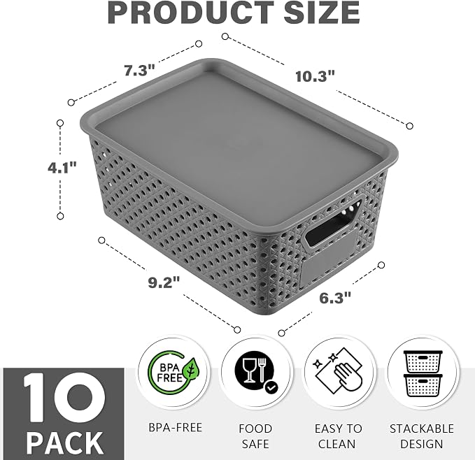 10 Pack Small Plastic Storage Bins with Lids, Stackable Plastic Storage Baskets for Organizing with Handles, Organizer Bins with Labels for Room,Craft,Containers for Pantry Organizers and Storage,Grey
